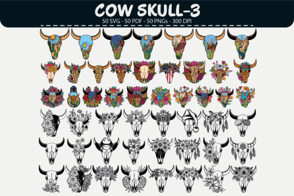 Cow Skull Vector Set: 50 Boho Designs