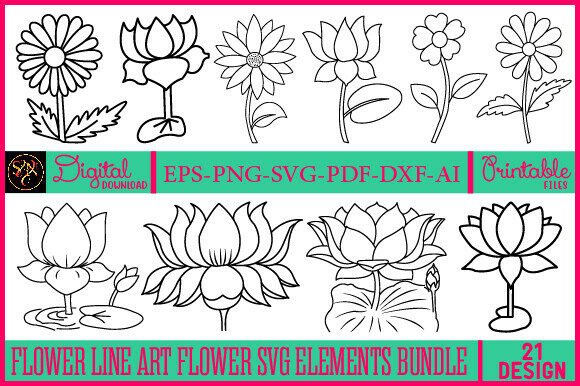 Flower Line Art SVG Elements Bundle